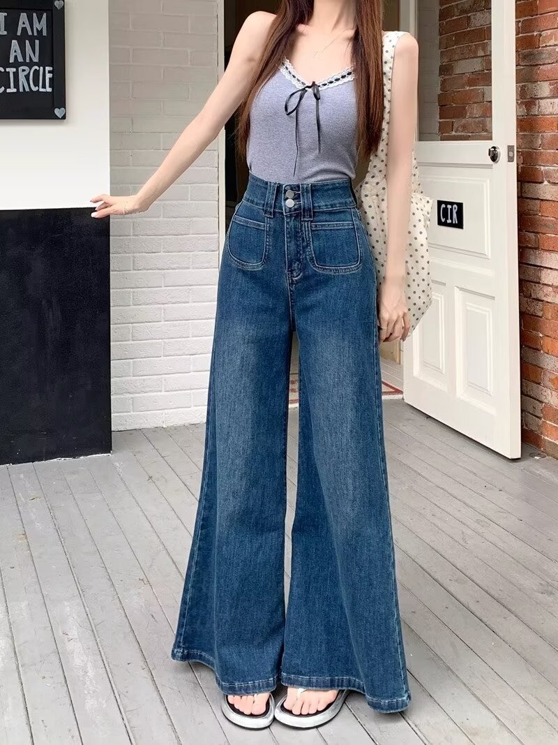 2024春秋季新款蓝色高腰宽松牛仔裤女时尚爆款设计感阔腿直筒长裤详情6