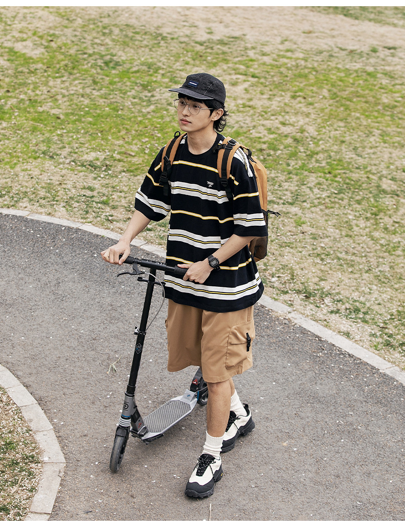 韩路男装 复古短袖T恤男夏季新款日系情侣字母刺绣撞色条纹体恤衫详情13