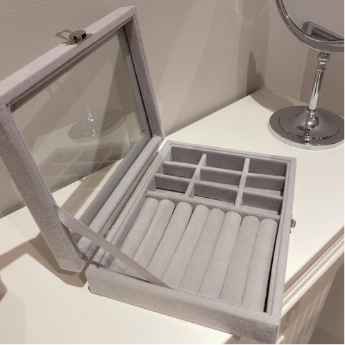 ins Dust-proof and window-opening jewelry box with cover, transparent velvet ring, necklace and earrings storage box pic 4
