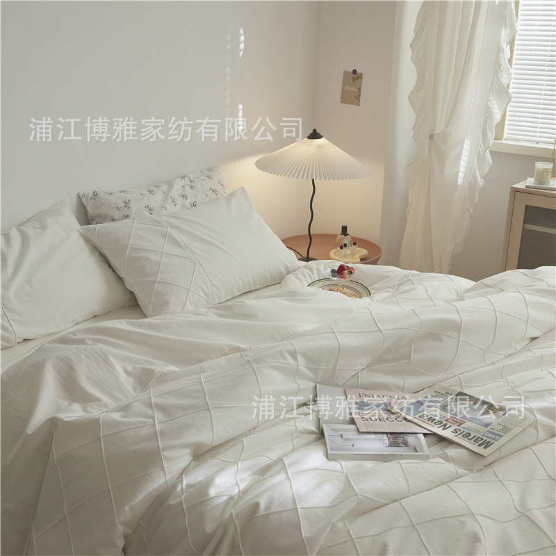 Wholesale of high-quality three or four-piece sets of washed cotton 40-count hand-knitted rhombus-shaped checkered plain pure cotton bedding pic 29