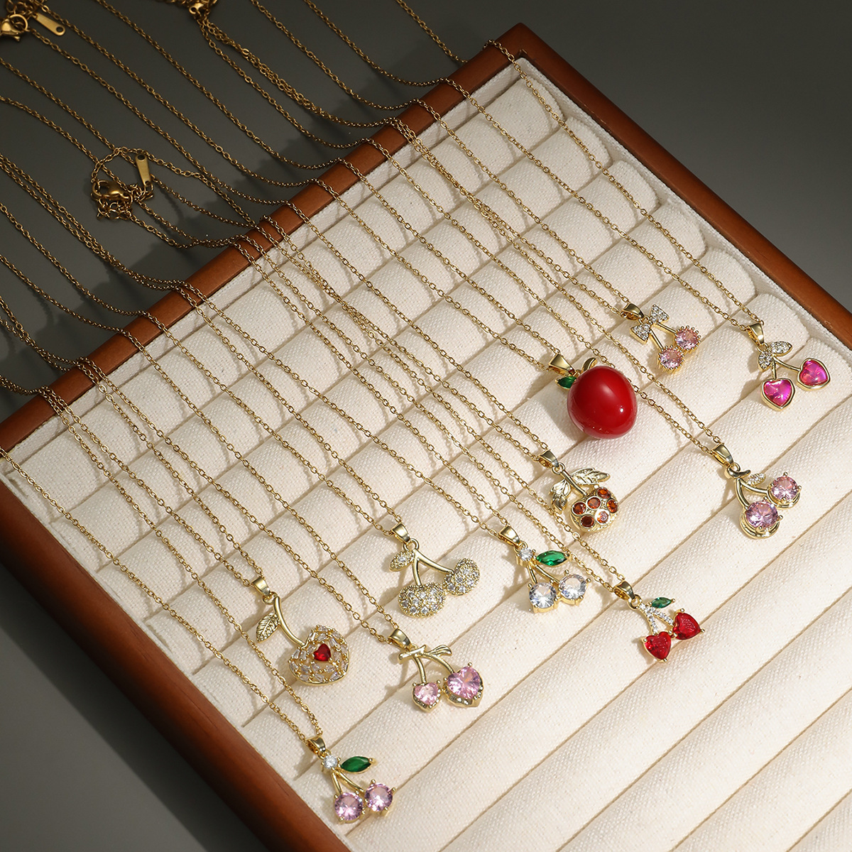 This is a unique new design pendant with a Japanese and Korean style, featuring cherry fruits and zircon. It is a stylish titanium steel necklace pic 50