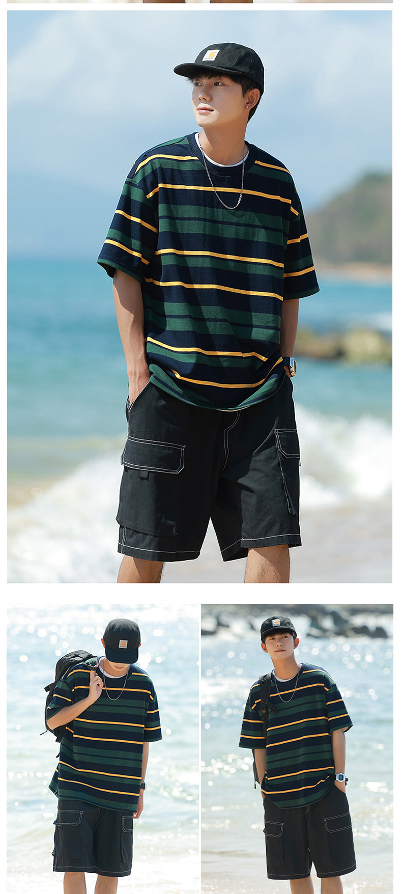 短袖男夏季纯棉条纹男装情侣潮牌衣服宽松重磅体恤外套ins男士t恤详情21