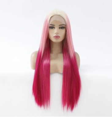 Rosa tres colores gradiente largo estilo recto medio corte frontal encaje fibra química peluca de alta temperatura cabeza de seda fábrica LW0349 pic 1