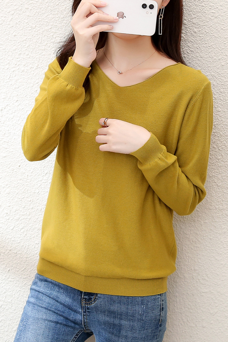 2023秋季女装全纯色棉麻针织T恤女V领长袖文艺大码外贸厂家批代发详情11