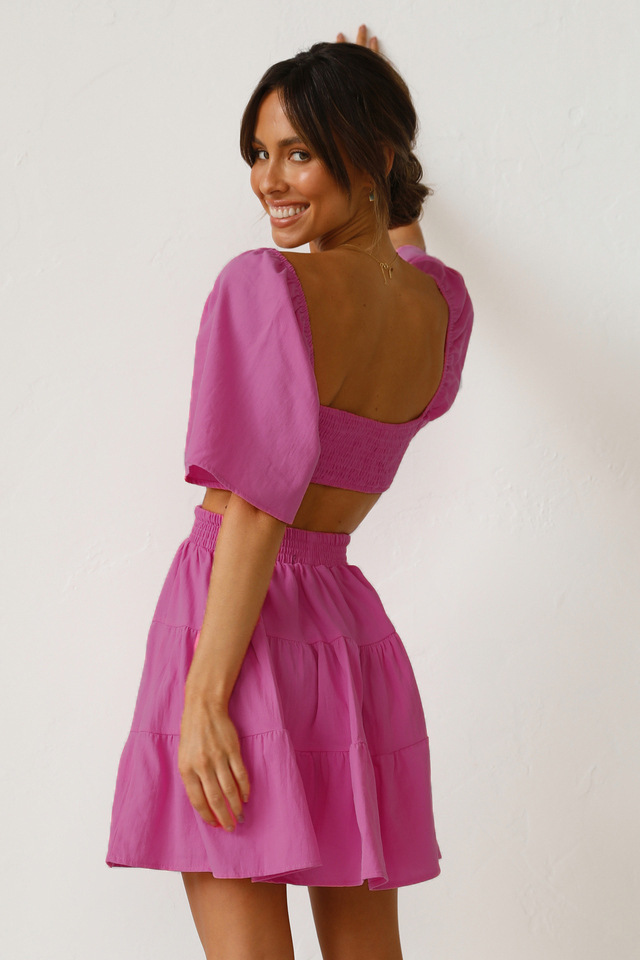 2022 European and American Cross-border Spring/Summer New solid-color rubber-waisted fresh and sweet short dress 22053 pic 7