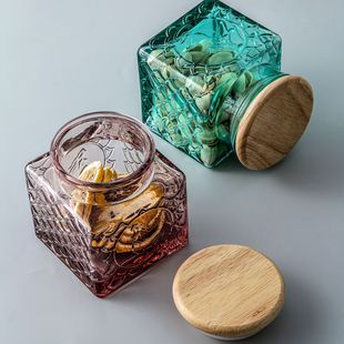 Green Classic Japanese Hammer patterned glass sealed Jar, Creative bamboo and wood tea jar, seasoning jar, storage jar, Kitchenware pic 6