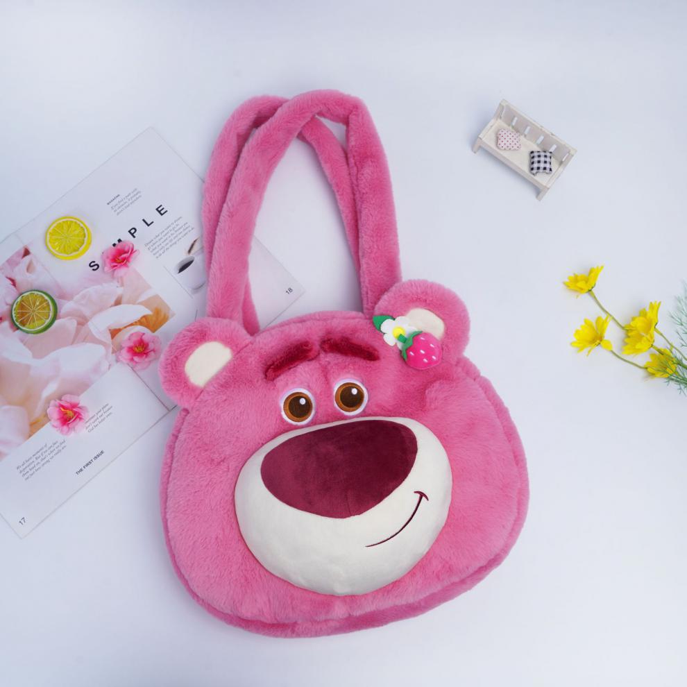 2022 nuevo strawberry bear toy story strawberry bear pack frambuesa ojos abiertos risa peluche crossbody bolso de mano doble uso pic 4