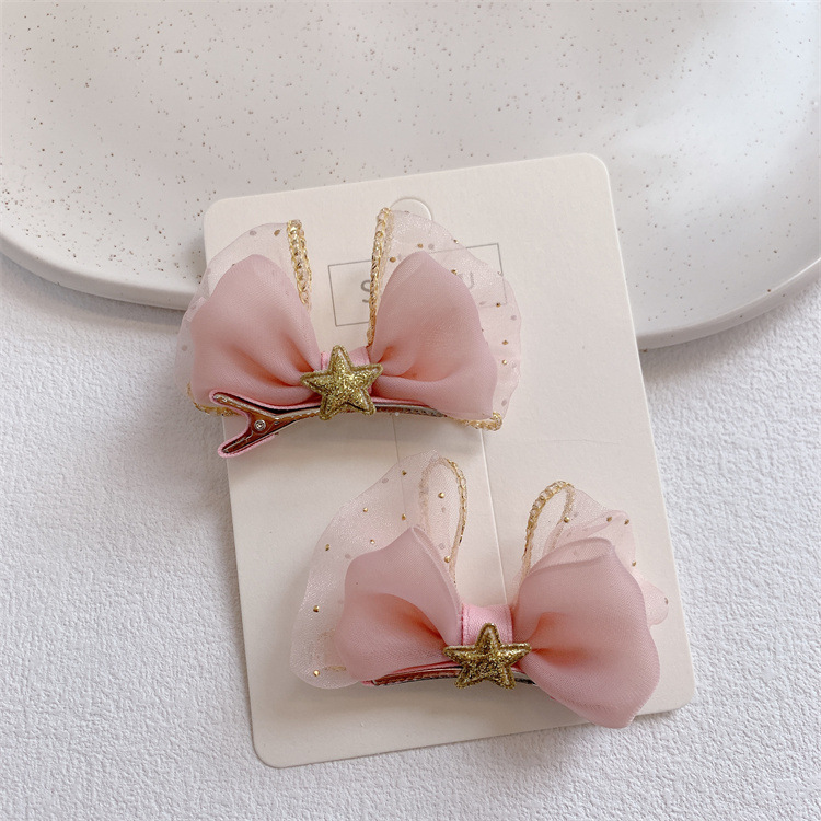 儿童粉色网纱立体蝴蝶结发夹对装边夹女童扎头发皮筋发圈头绳发饰详情3