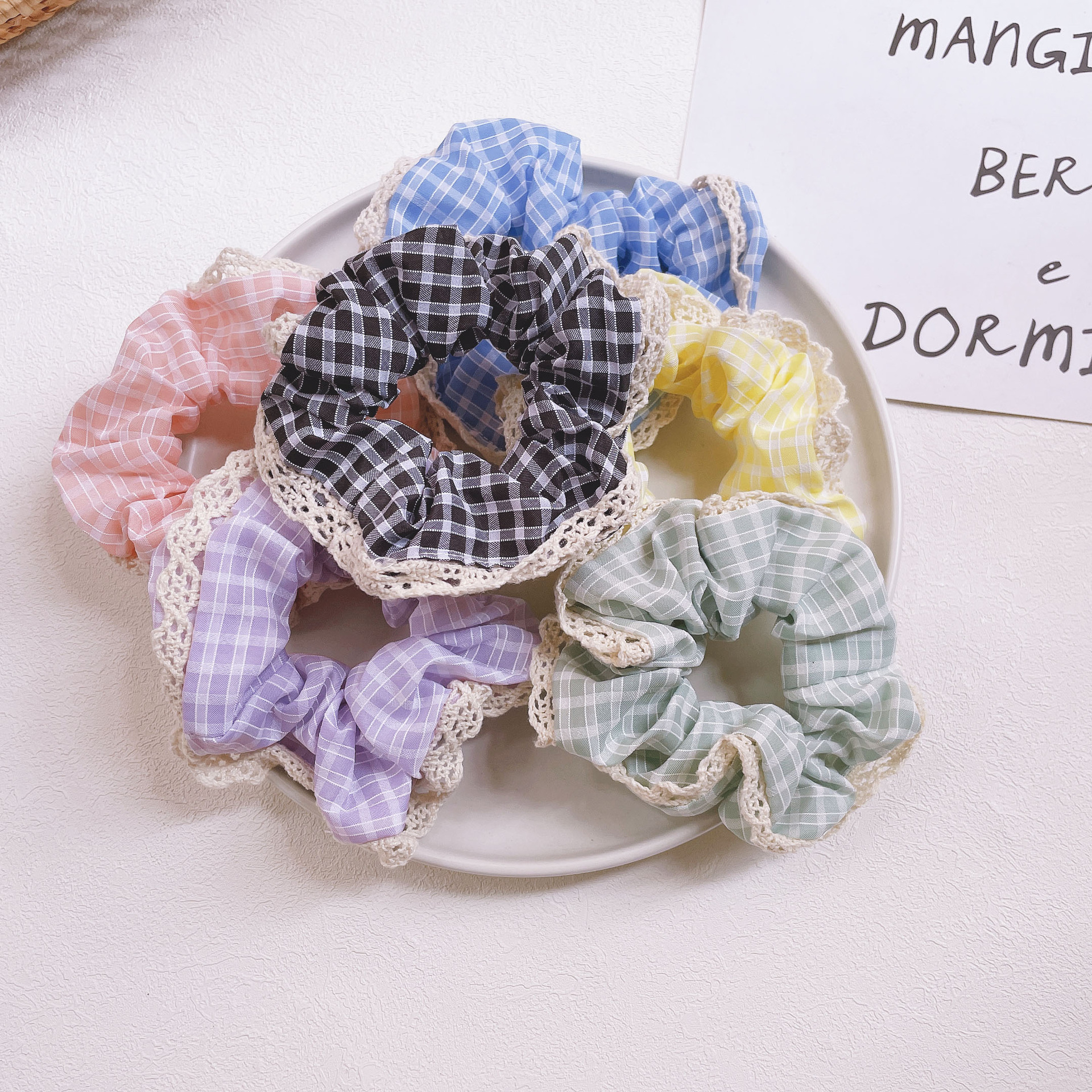 Summer fresh and cute checkered large intestine circle, Japanese girlish sweet lace edge simple bun hair tie pic 6