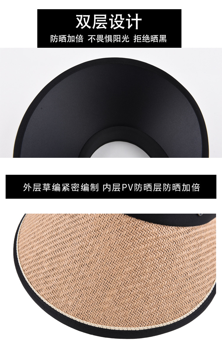 骑车空顶防晒帽女夏季防晒防紫外线遮阳帽可折叠大檐草编太阳帽子详情3