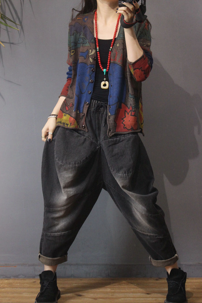 Spring 2021 new printed knitted cardigan for women, retro ethnic style, loose, large-sized, slimming long-sleeved top pic 10