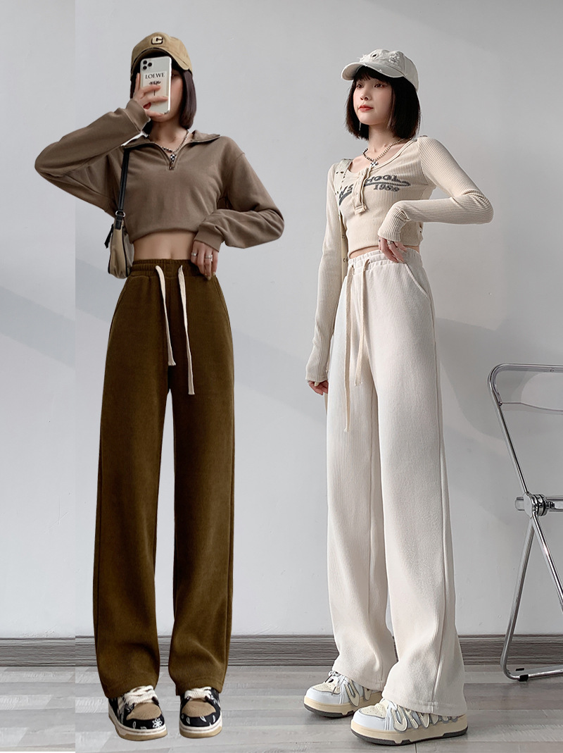 New autumn and winter European cotton fleece wide-leg pants for women: high-waisted, slimming, loose, drawstring, versatile, straight-leg, drape, pocket casual pants pic 1