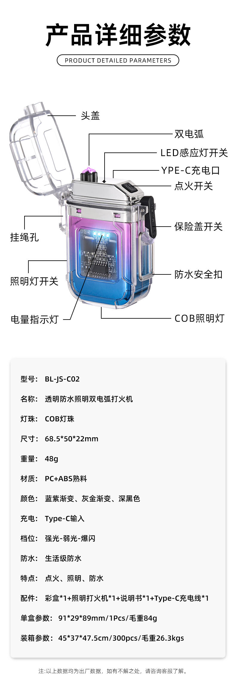 新透明壳usb电弧打火机照明灯户外防水可选Type-C充电脉冲点烟器详情1