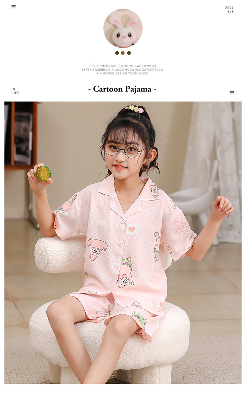 2023女童睡衣儿童夏季短袖短裤泡泡绉布套装女孩开衫大童家居服夏详情41