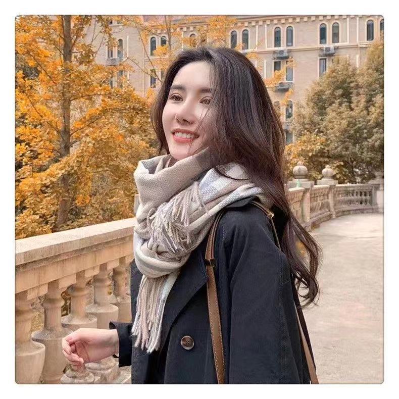 Korean-style thickened beauty line checkered scarf for women, long and warm printed faux cashmere tassel scarf shawl for autumn and winter pic 33