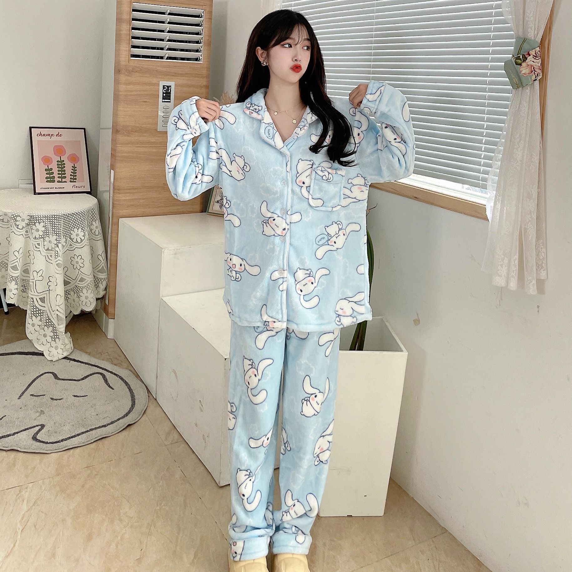 冬季法兰绒女士睡衣翻领开衫长袖长裤少女卡通可爱保暖家居服套装详情43