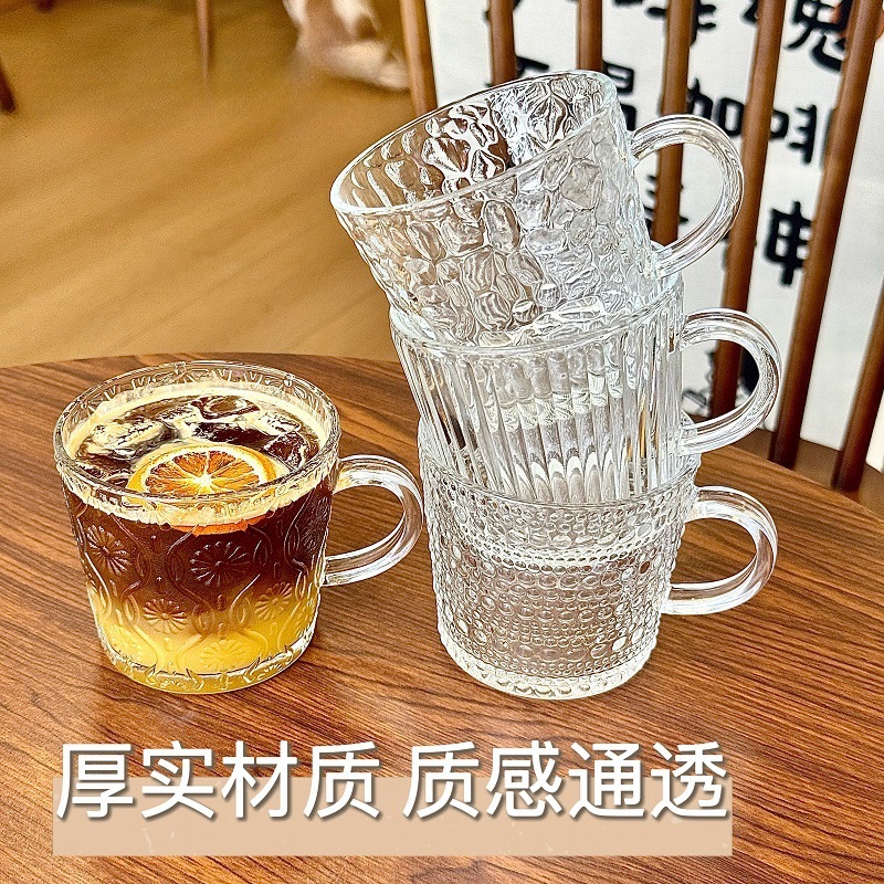 ins玻璃杯带把手家用早餐杯网红浮雕水杯高颜值咖啡杯伴手礼杯子详情19