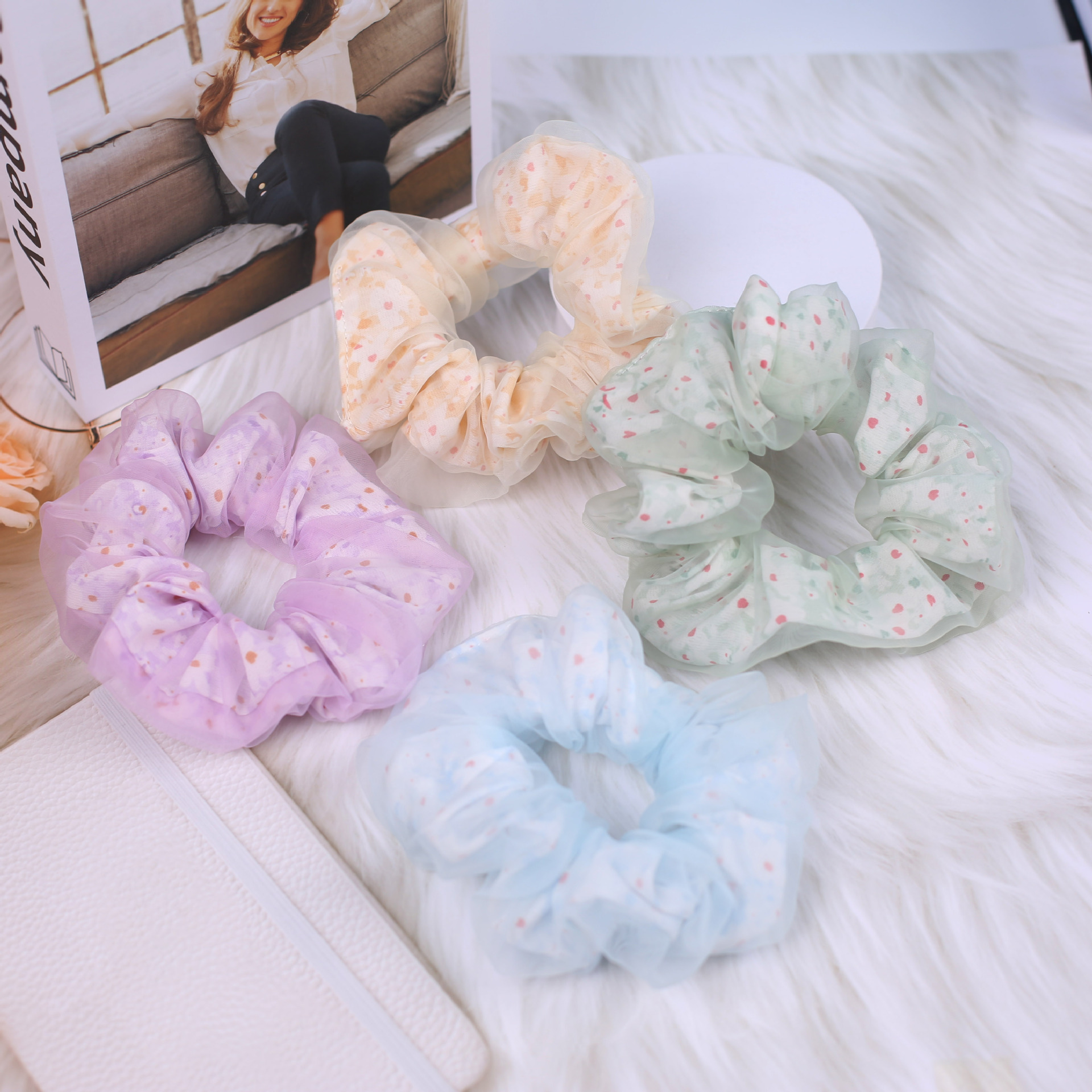 Mesh bun, large intestine circle, ponytail hair tie, fresh and fairy-like ins hair tie, sweet double-layer fabric hair tie wholesale pic 34