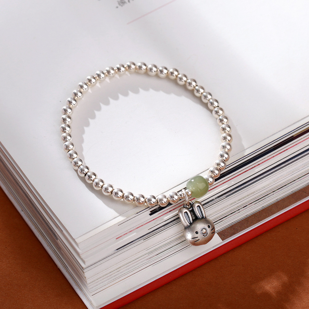 S925 sterling silver gold-plated Qingshui Hetian jade round bead bracelet for women 999 pure silver rabbit zodiac year bracelet pic 6