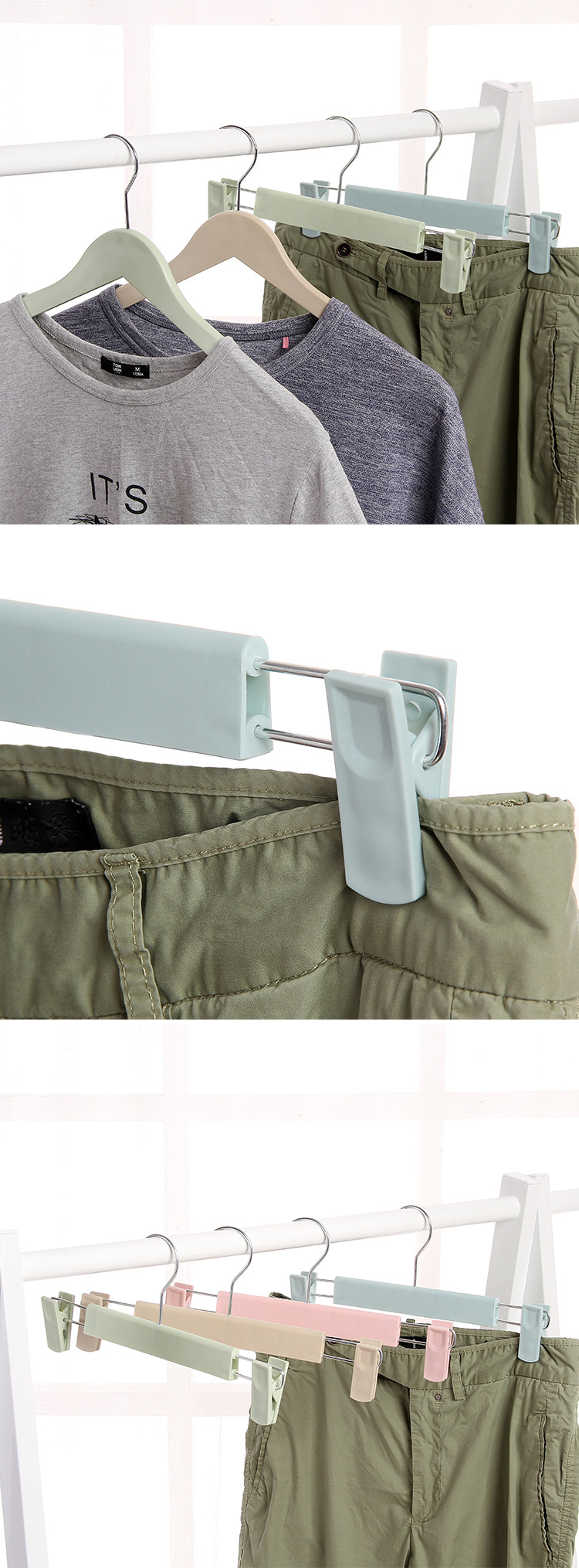 Wholesale of best-selling anti-slip colored plastic frosted clothes drying racks and trouser racks from the manufacturer, with extendable trouser clips pic 10