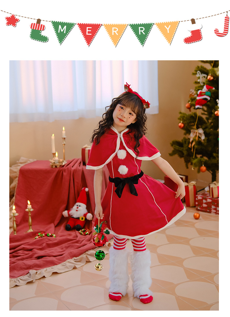 圣诞节儿童服装女童披肩斗篷连衣裙红色裙子派对装扮服饰圣诞老人详情6