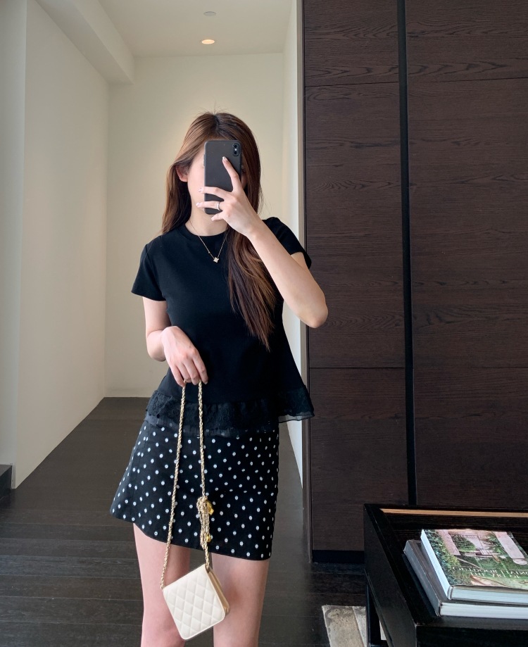 A13512甜美少女感 设计感下摆蕾丝花边拼接显瘦短袖T恤女春夏新详情17