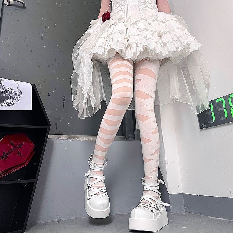 lolita交叉绑带白丝袜女夏季薄款纯欲黑丝性感朋克辣妹条纹连裤袜详情7
