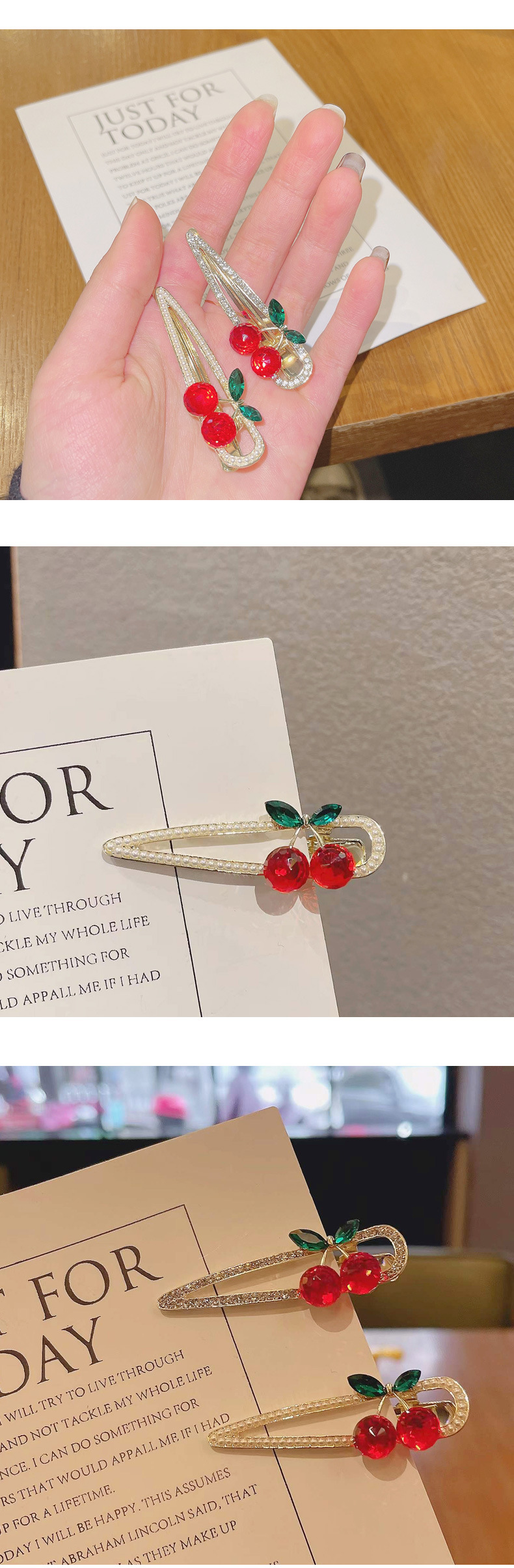 The new hollowed-out cherry rhinestone hair clip, side duckbeak clip, super ethereal and girlish style, and bangs clip on the front forehead are exquisite pic 10