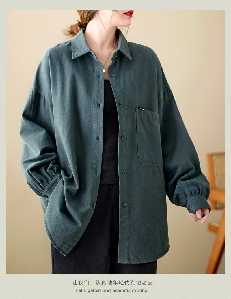 4色入纯色翻领长袖衬衫外套女宽松2024秋季新款文艺大口袋衬衣潮详情18