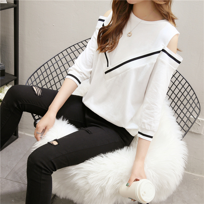 Spring and Autumn new versatile T-shirt for women, 7-inch sleeved off-the-shoulder long-sleeved sexy half-sleeved top pic 13