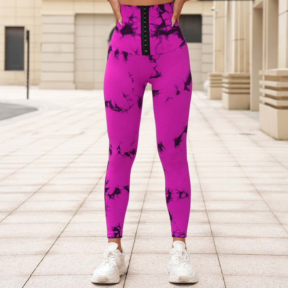 新品无缝扎染瑜伽裤高腰收腹排扣紧身裤提臀健身裤跑步塑身运动裤详情18