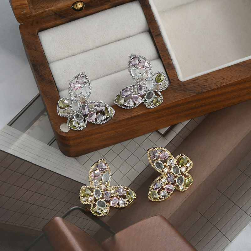 复古法式镶彩色锆石耳饰品女S925银针小众设计感蝴蝶耳钉百搭耳坠详情8