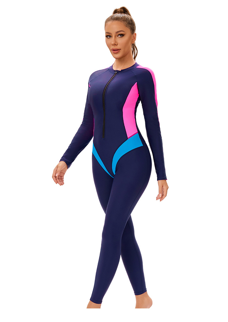New color-block one-piece Muslim swimsuit for women, cross-border long-sleeved and long-sleeved trousers, conservative full-body zip-up swimsuit pic 3