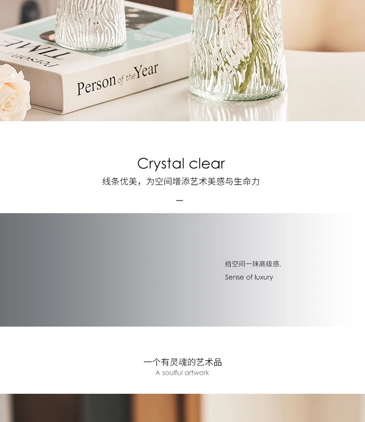 轻奢风高级感简约创意桌面插花玻璃花瓶 透明鲜花玫瑰植物浮雕花瓶 其他分类适用详情2