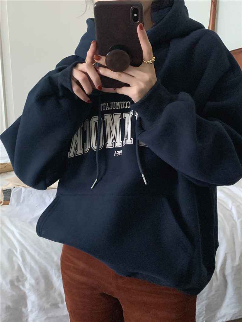 Letter-printed pullover with fleece hooded sweatshirt for women 2023 autumn/Winter new style Korean loose and versatile long-sleeved top pic 26