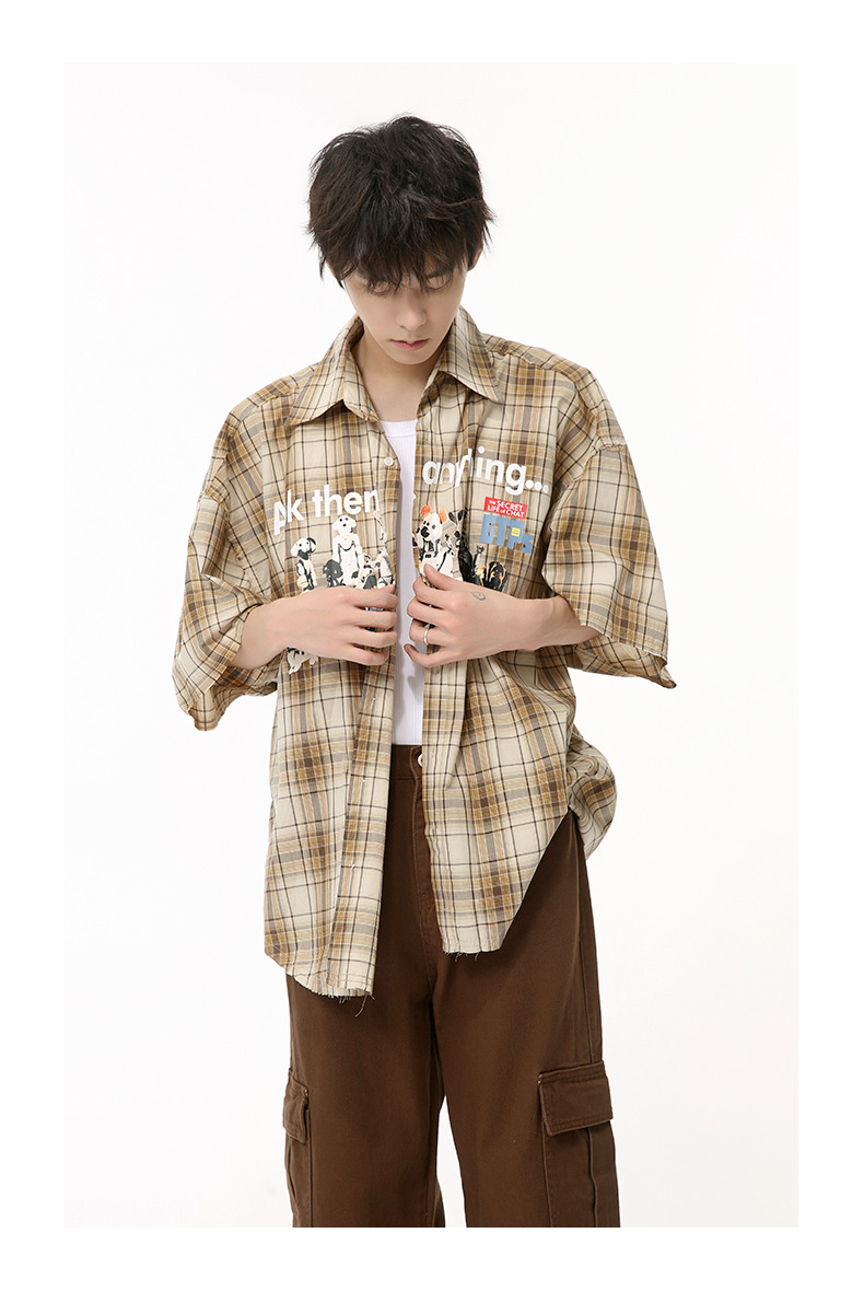 MTLCLOTHES男装|2024夏款新品 小众趣味复古卡通印花格子衬衫休闲详情9