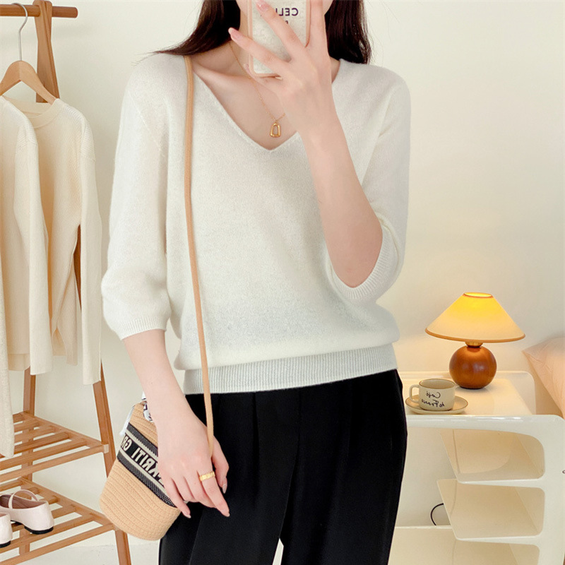 V-neck full wool knitted sweater for slimming and elegant look, seven-inch sleeve pullover wool sweater, sweater top #23127 pic 9
