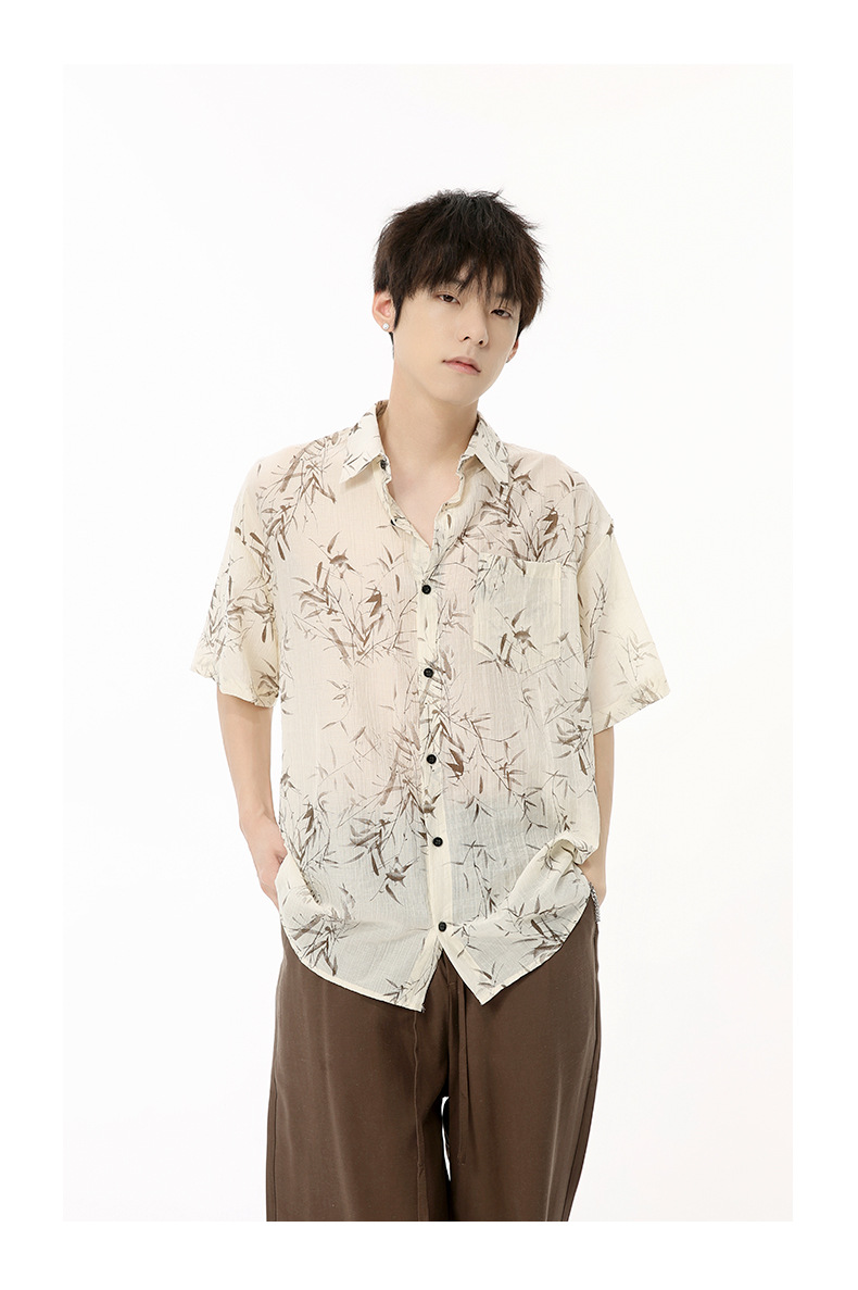 MTLCLOTHES男装|2024夏款新品 新中式国风薄款竹叶慵懒短袖衬衫潮详情15