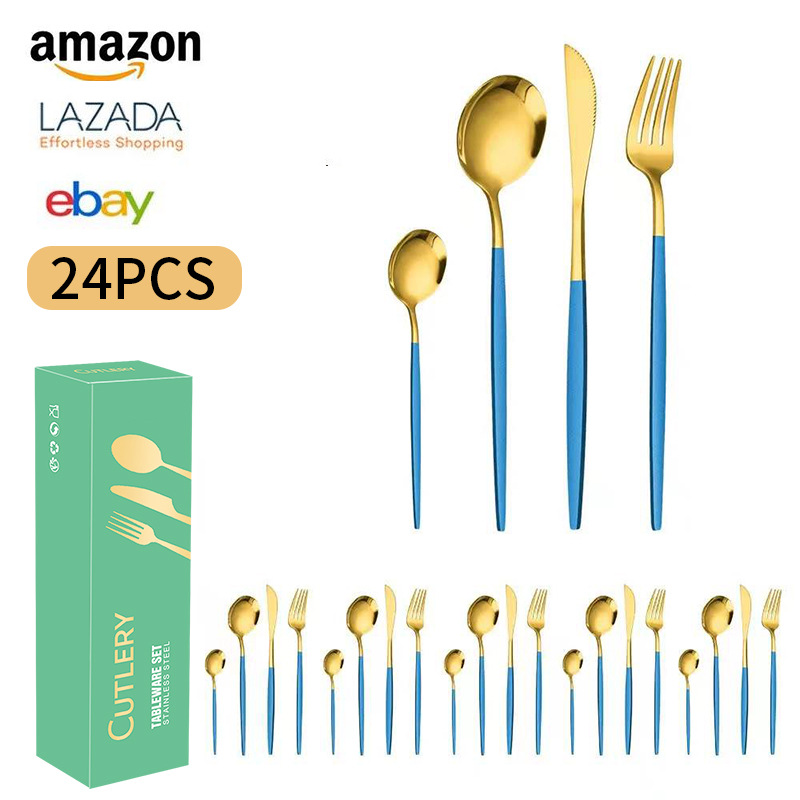 Cross-border Amazon Portuguese stainless steel tableware 24-piece set for 6 people, Western steak, knife, fork and spoon gift box set pic 9