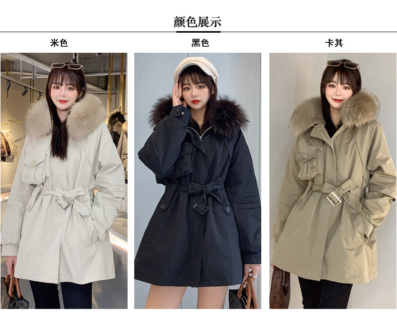 This is a mid-length winter Korean-style fashionable lace-up jacket with a cinched waist and a stylish large fur collar, designed with a rabbit fur inner liner pic 2