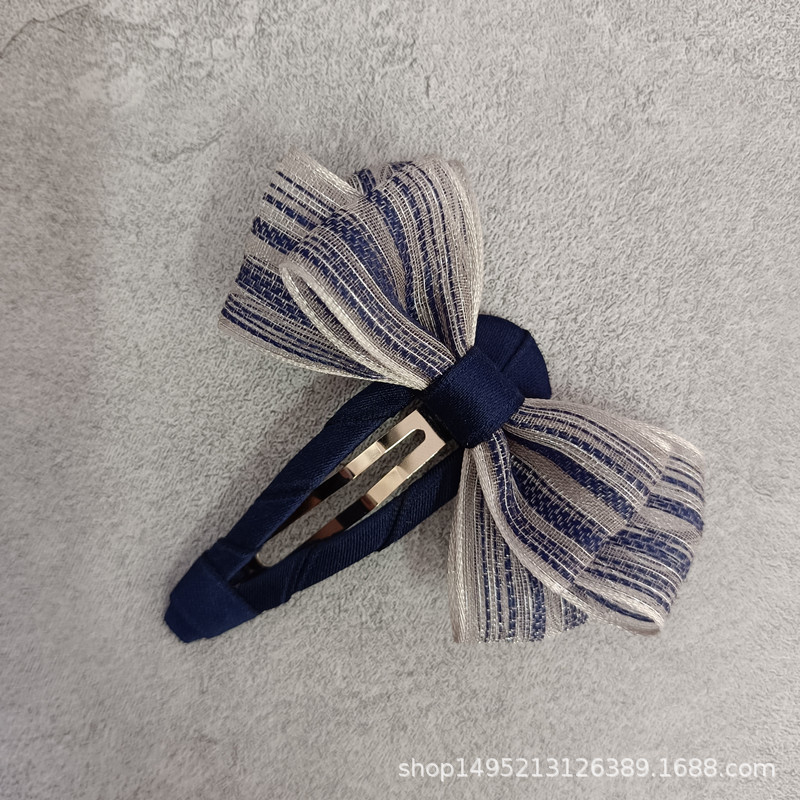 Korean-style sweet girl adult hairpin, navy blue striped silk gauze bow, BB clip, water drop clip, bangs clip pic 4