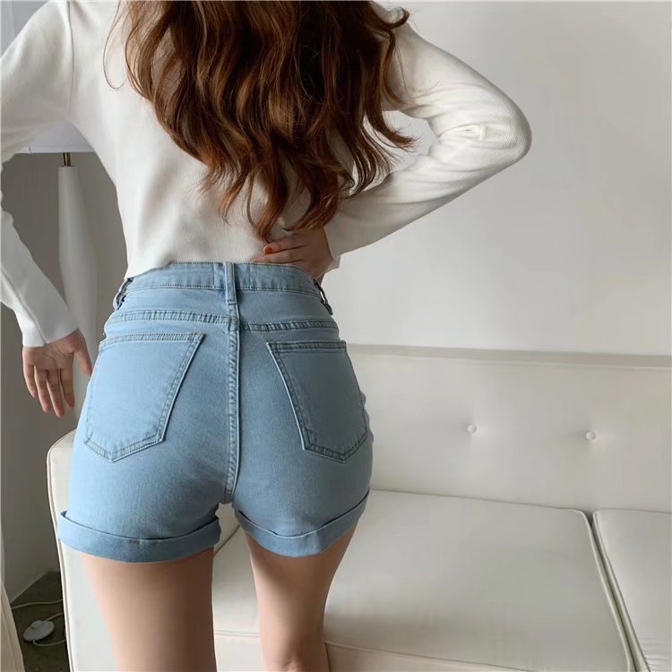 Wholesale of slim Hyuna style versatile rolled-up hot pants for women, high-waisted, light-colored tight denim shorts pic 58