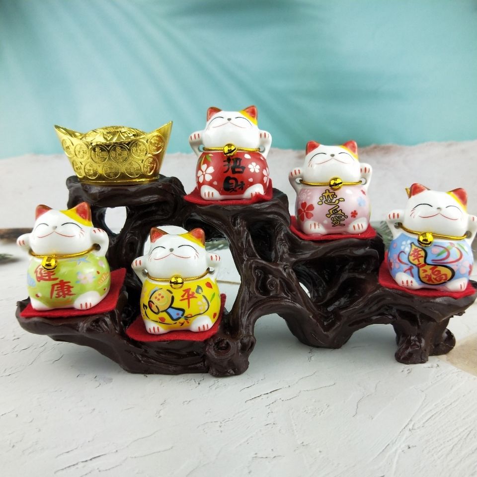 五福猫元气猫五福陶瓷招财猫汽车摆件创意工艺品地摊货源详情3