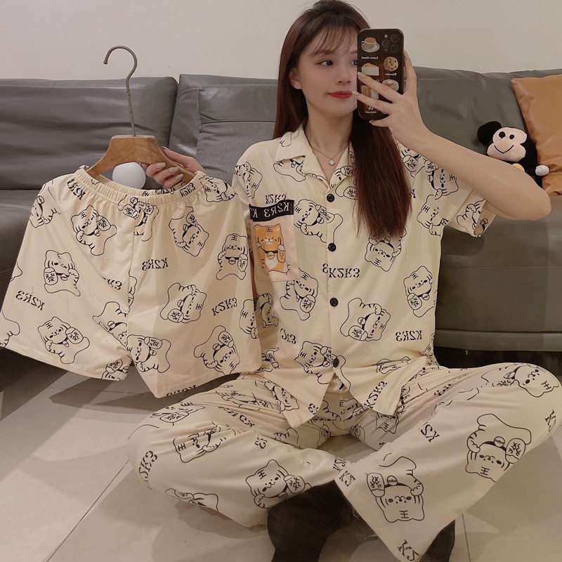20款直播短袖开衫仿棉INS夏季情侣睡衣居家休闲宽松家居服三件套详情6