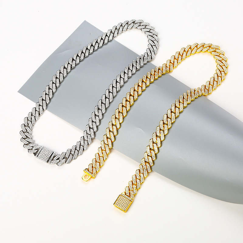 14MM欧美个性嘻哈菱形满钻翻盖扣头时尚嘻哈链条古巴手链项链详情2