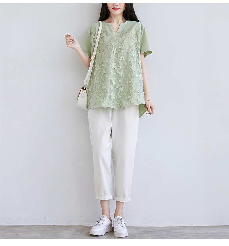 2022夏季新款速卖通欧美女装蕾丝刺绣短袖衬衫宽松女士上衣T恤详情23