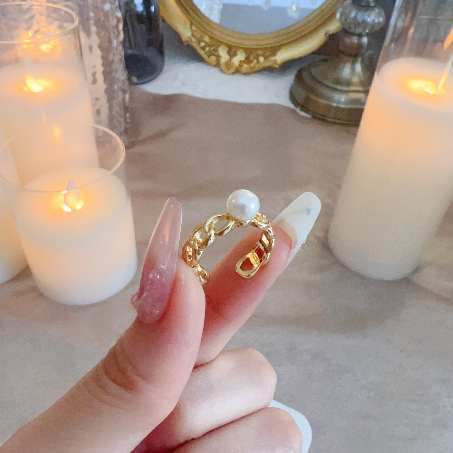 Copper-plated real gold 7mm freshwater pearl ring, hollowed-out European and American style open ring accessory, color retention, DIY handcrafted pic 7