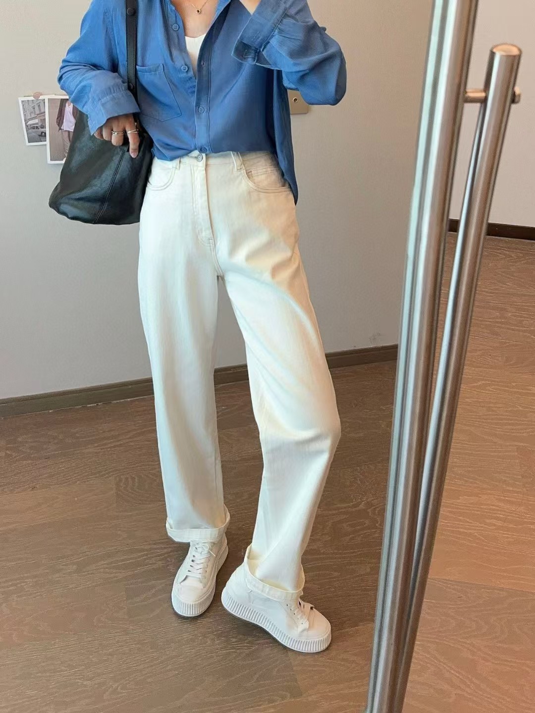 女款春秋季直筒宽松设计休闲裤显瘦高腰弹力白色牛仔裤 一件代发详情4