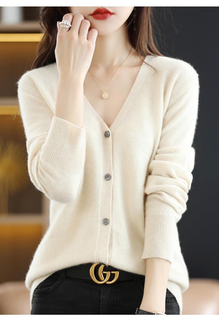 New Spring and autumn knitted cardigan for women, V-neck loose short solid color long-sleeved versatile sweater coat made of wool blend pic 36