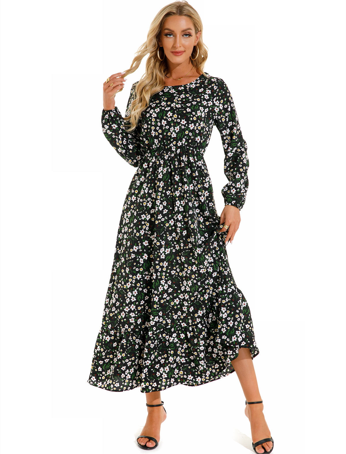 European and American floral long, round-neck, long-sleeved, waist-cinching and slimming dress pic 73